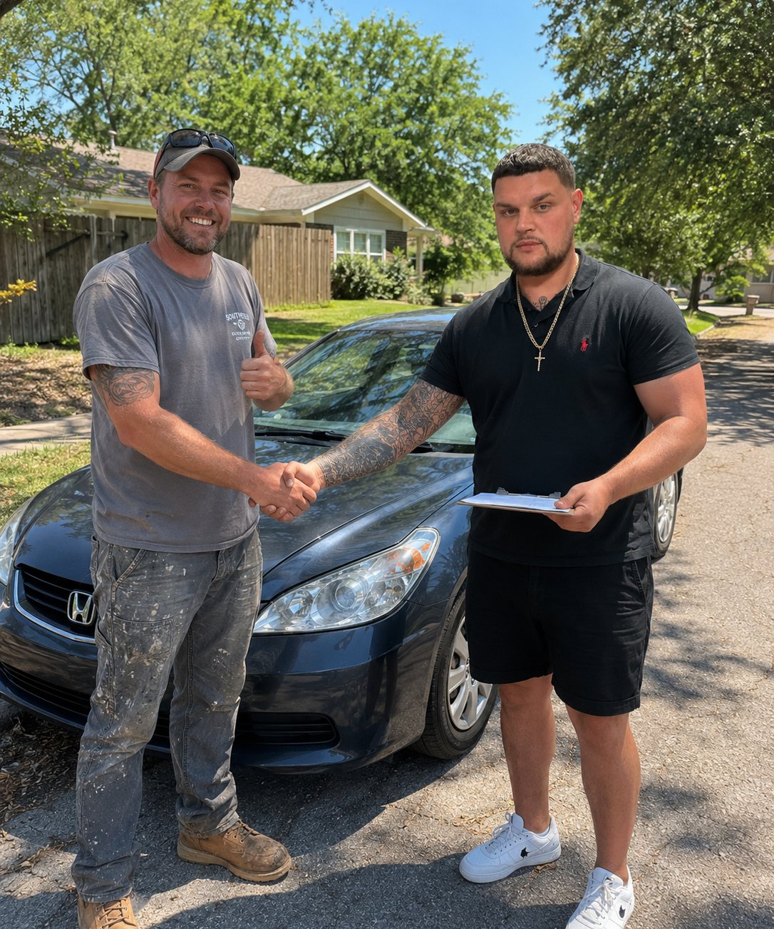 Ronnie shaking hands with a customer and handing over payment beside their Honda Accord