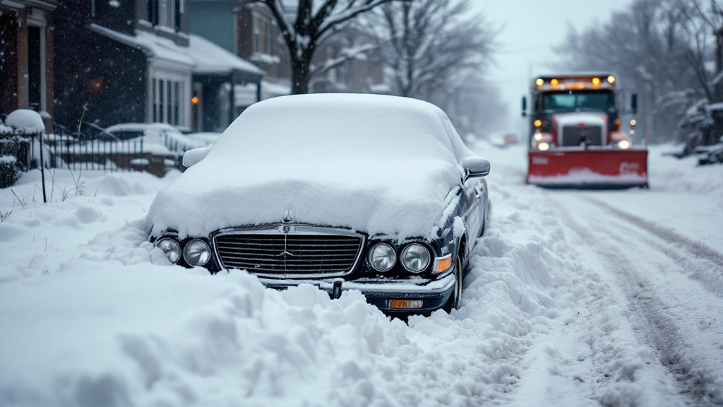 Illustration: a car buried in a snowdrift on a Cleveland side street