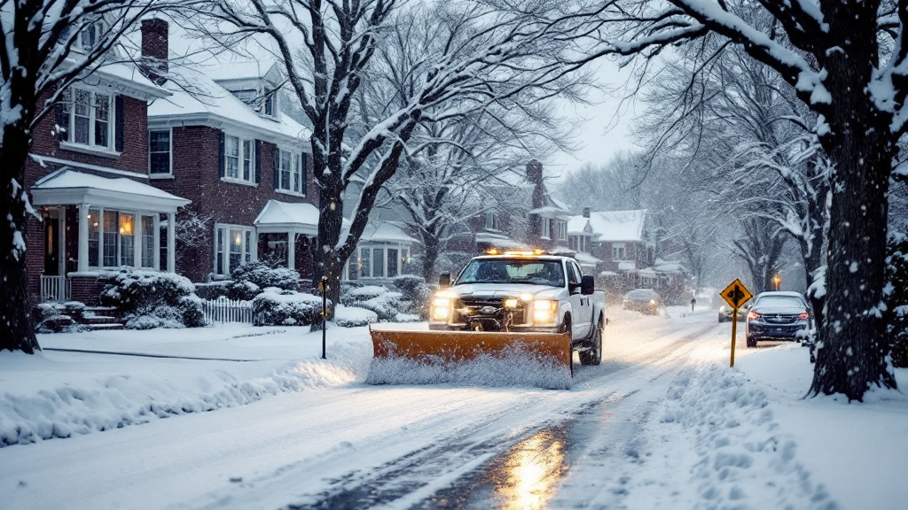 Illustration: a pickup plowing a residential driveway in falling snow