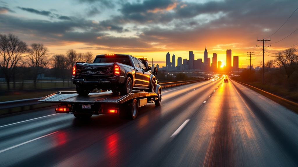 Illustration: a flatbed tow truck carrying an SUV on an Ohio interstate